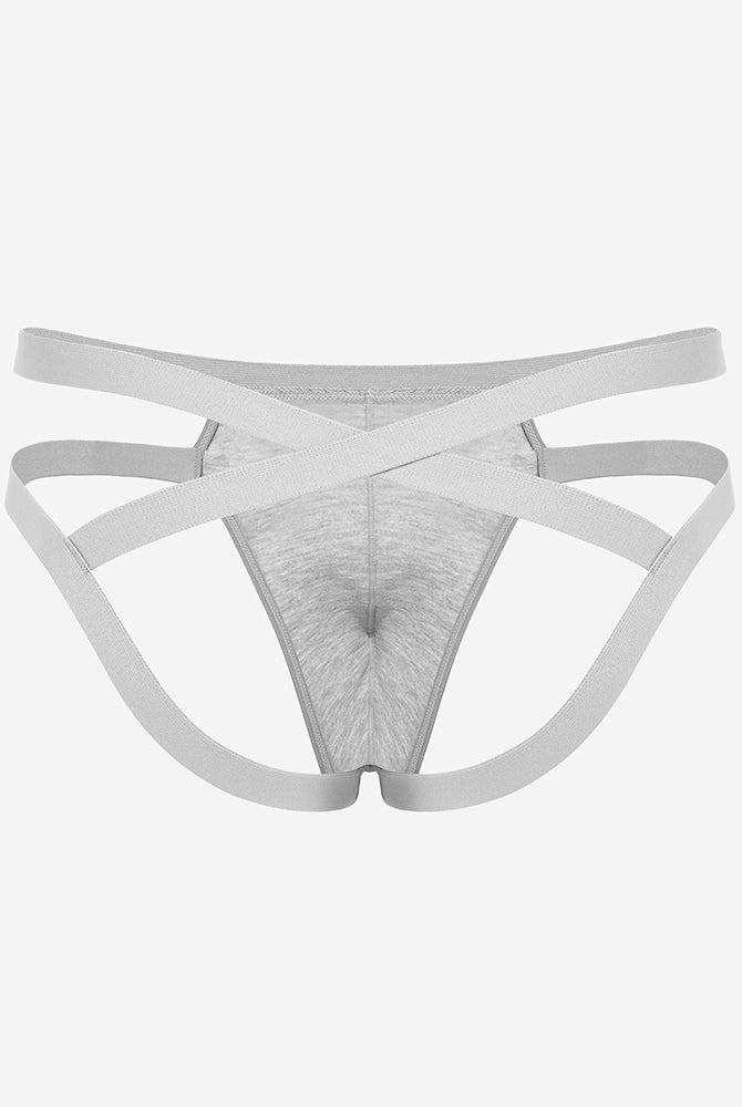 Men's thong-style jockstrap with 3D pouch, heather gray with crisscross sides
