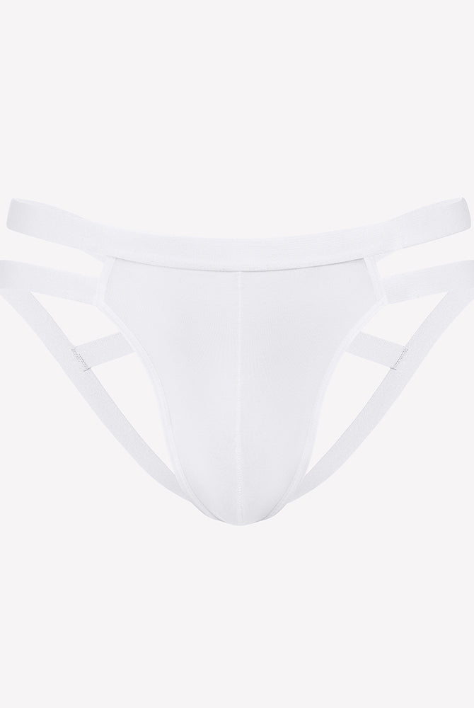 Men's thong-style jockstrap with 3D pouch, white with open side cutouts