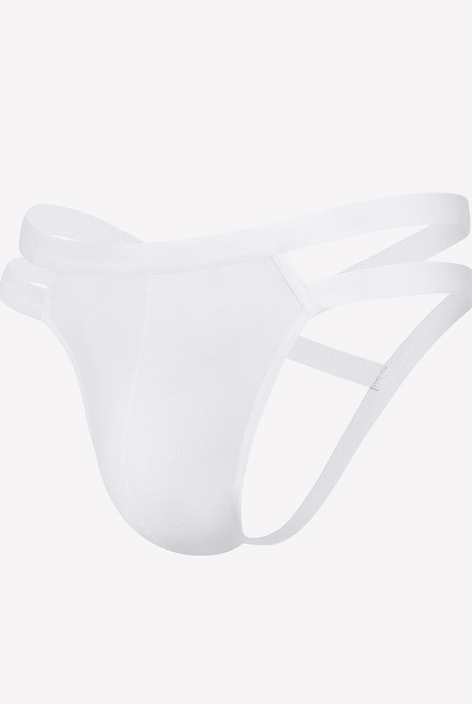 Men's white jockstrap thong with side cutouts and 3D pouch