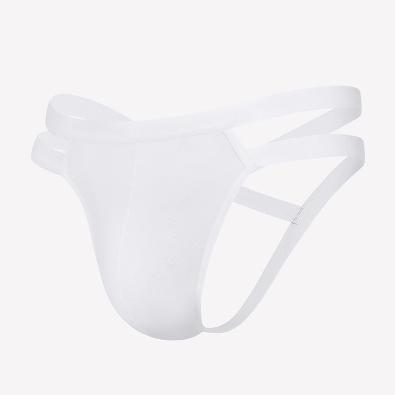 Men's white jockstrap thong with side cutouts and 3D pouch