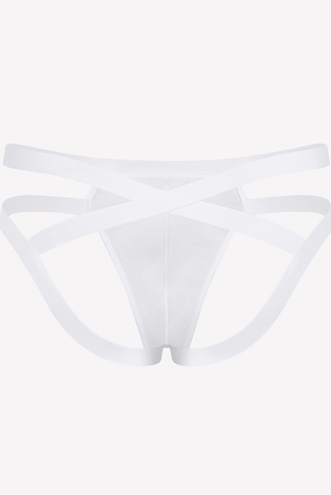 Men's thong-style jockstrap with 3D pouch, white with crisscross side straps