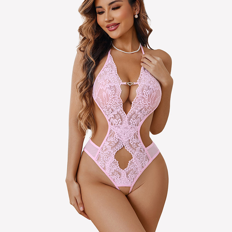 Deep V Halter Lace Bodysuit – Teddy One Piece