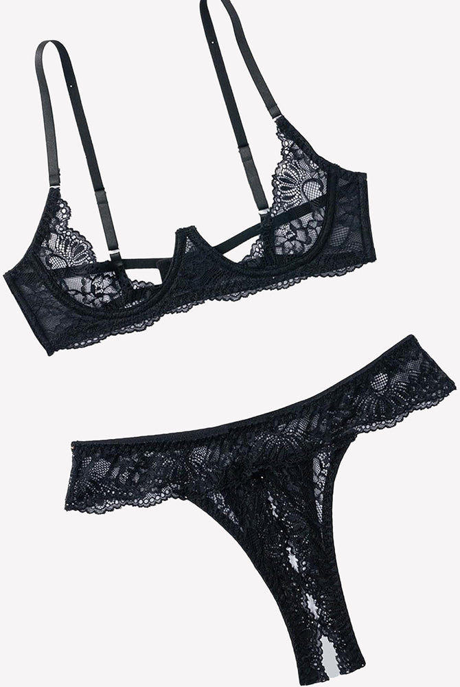 Black lace underwire push-up bra and matching lace thong panty set with scalloped trim