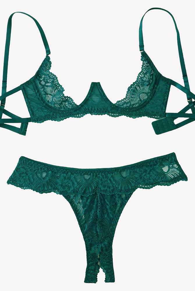 Green lace underwire push-up bra and matching thong set