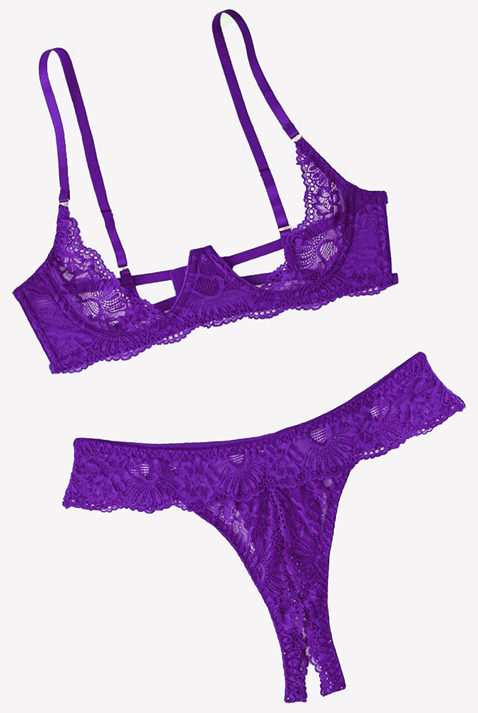 Purple lace underwire push-up bra and matching lace thong panty set with scalloped lace edge