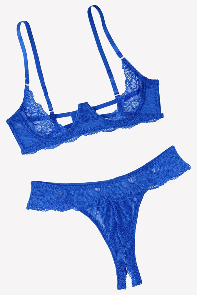 Royal blue lace underwire push-up bra and matching lace thong panty set with lace trim