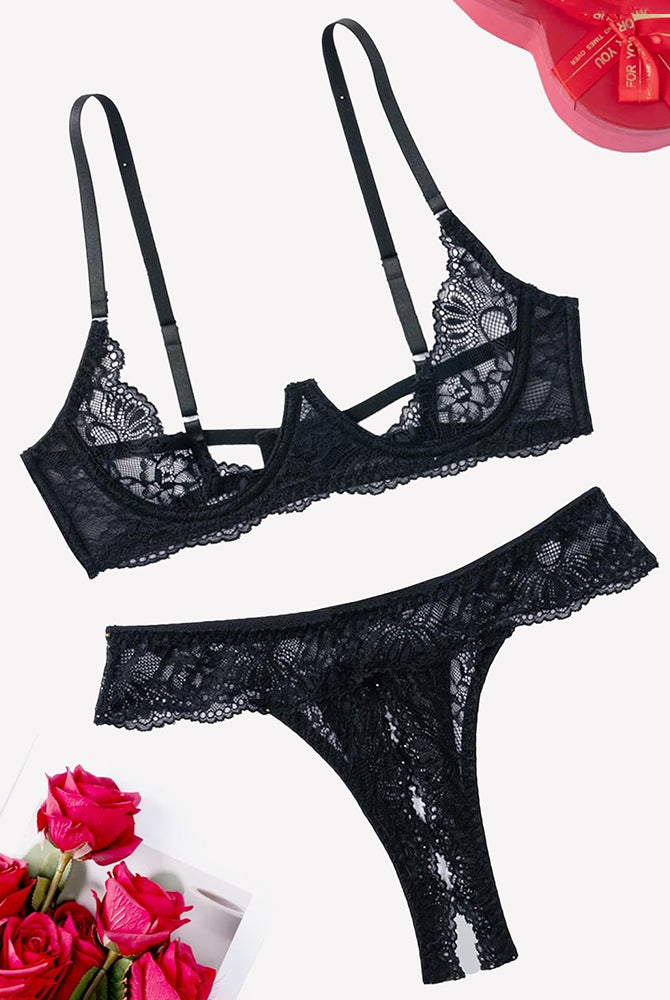 Black lace underwire push-up bra and matching thong set