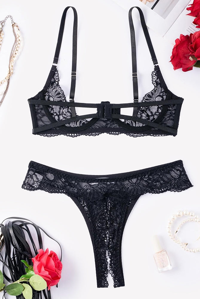 Black lace underwire push-up bra and matching thong set with crisscross straps