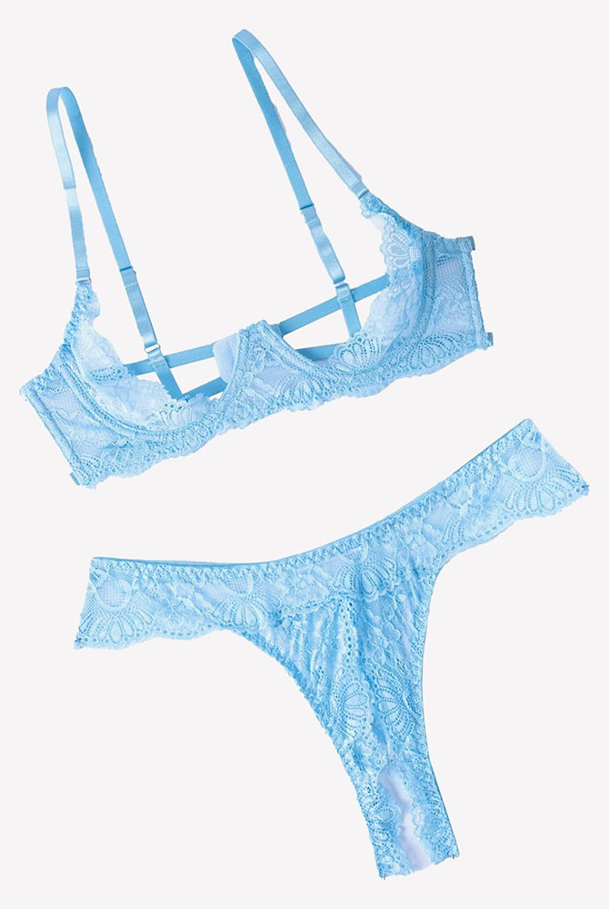 Light blue lace underwire push-up bra and matching thong set
