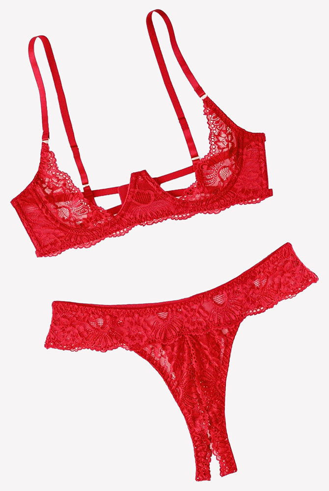 Red lace underwire push-up bra with matching lace thong panty set, strappy sides