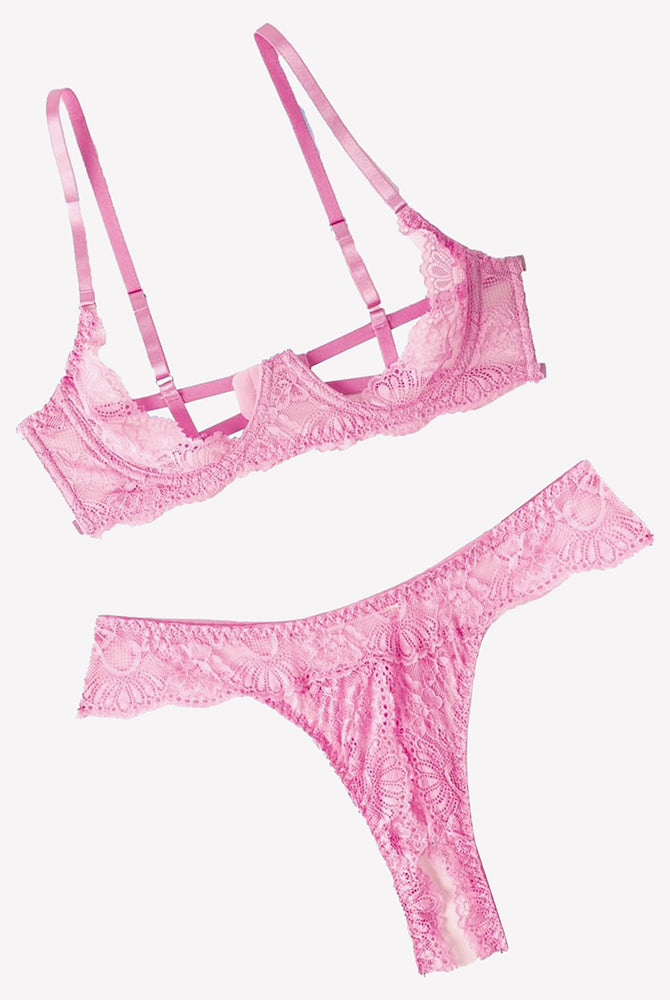 Pink lace underwire push-up bra and matching lace thong panty set with strappy cups