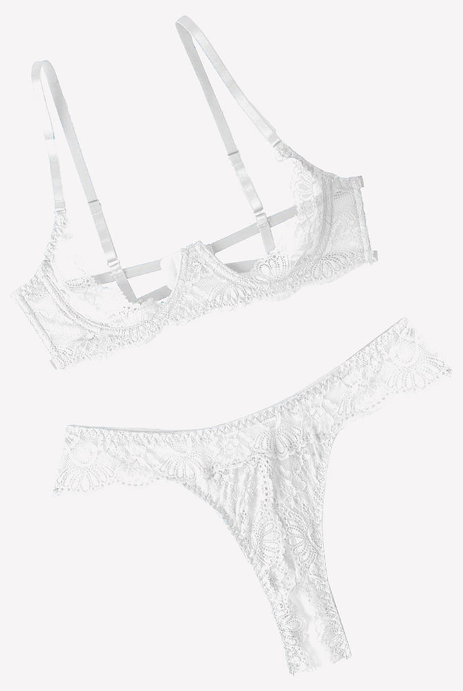 White lace underwire push-up bra and matching lace thong panty set with delicate floral lace