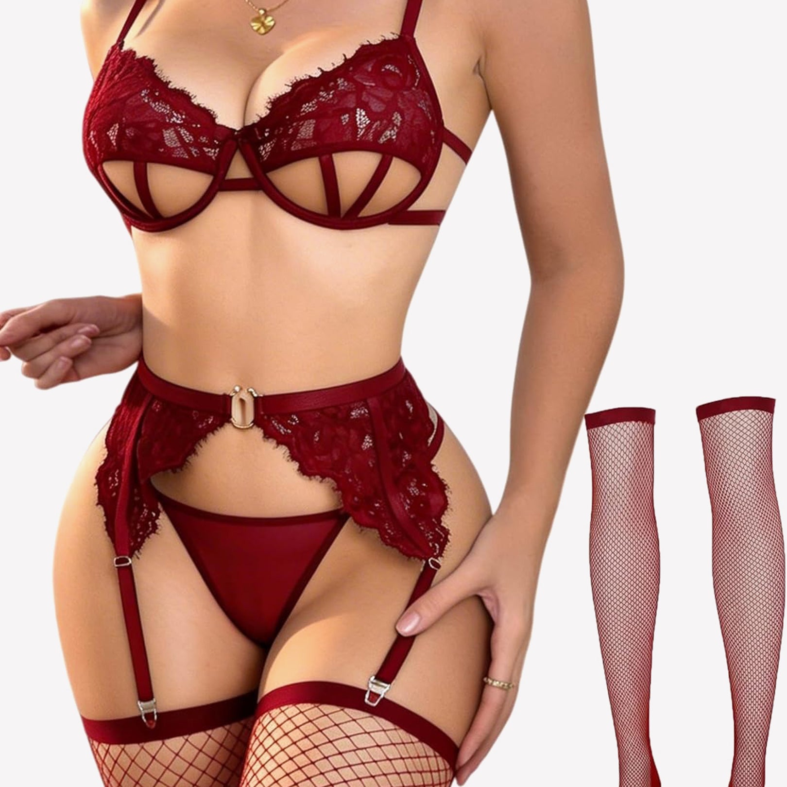 Burgundy lace cut-out bra and panty set with garter straps and fishnet stockings, front view