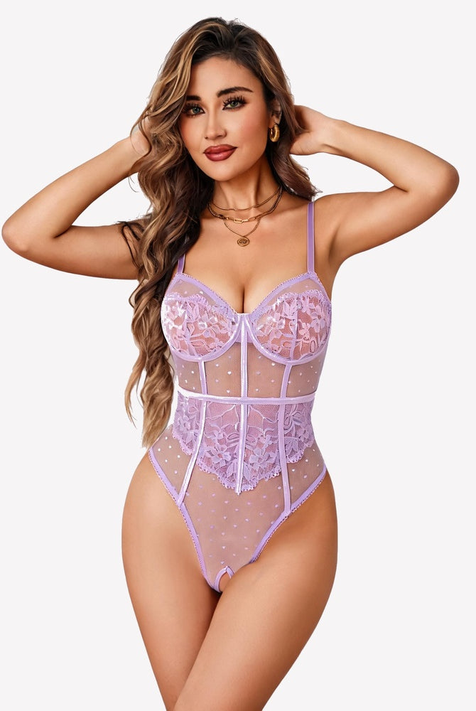 Light purple sheer mesh lace teddy bodysuit with V-neck and lace bust cups