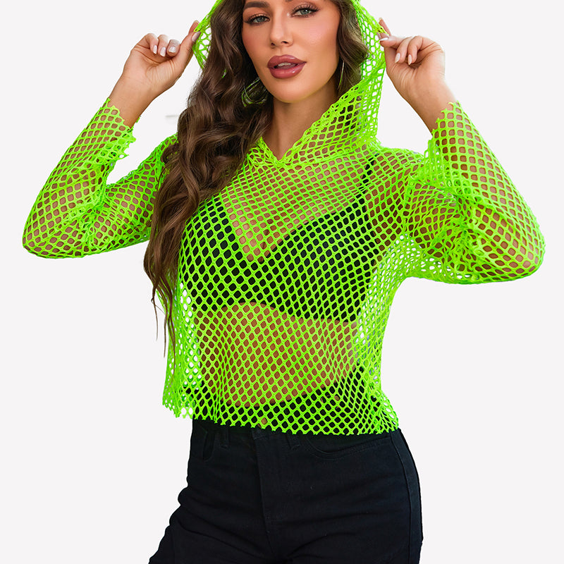 Fishnet Top Hoodie Long Sleeve Mesh Shirt