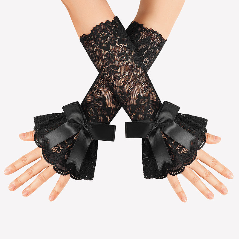 Ruffle Bow Lace Gloves Fingerless Mid Elbow Sleeve Costume