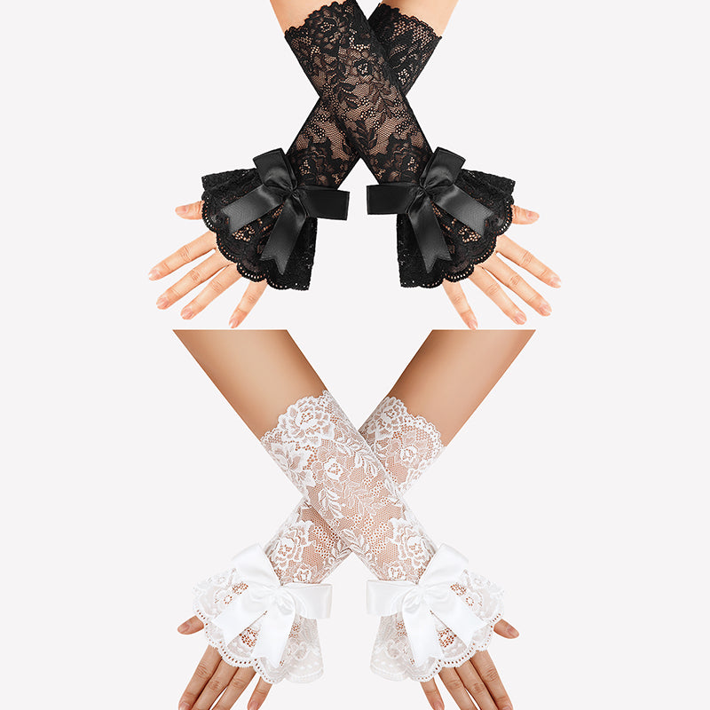 Ruffle Bow Lace Gloves Fingerless Mid Elbow Sleeve Costume
