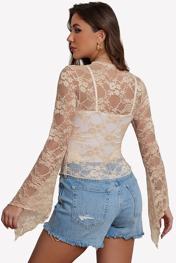 Champagne lace bolero shrug back view with flared bell sleeves