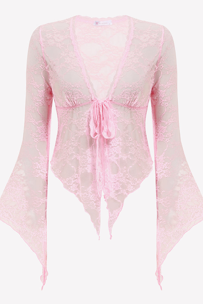Pink sheer lace bolero shrug back view with tie-front bow and bell sleeves