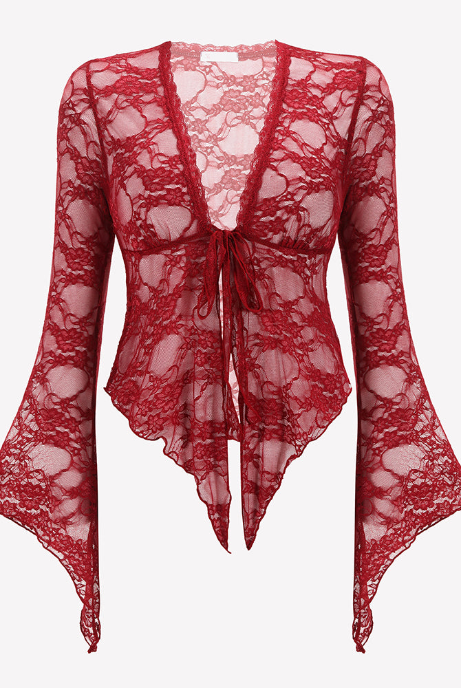 Wine red sheer lace bolero shrug with bell sleeves and tie-front, back view