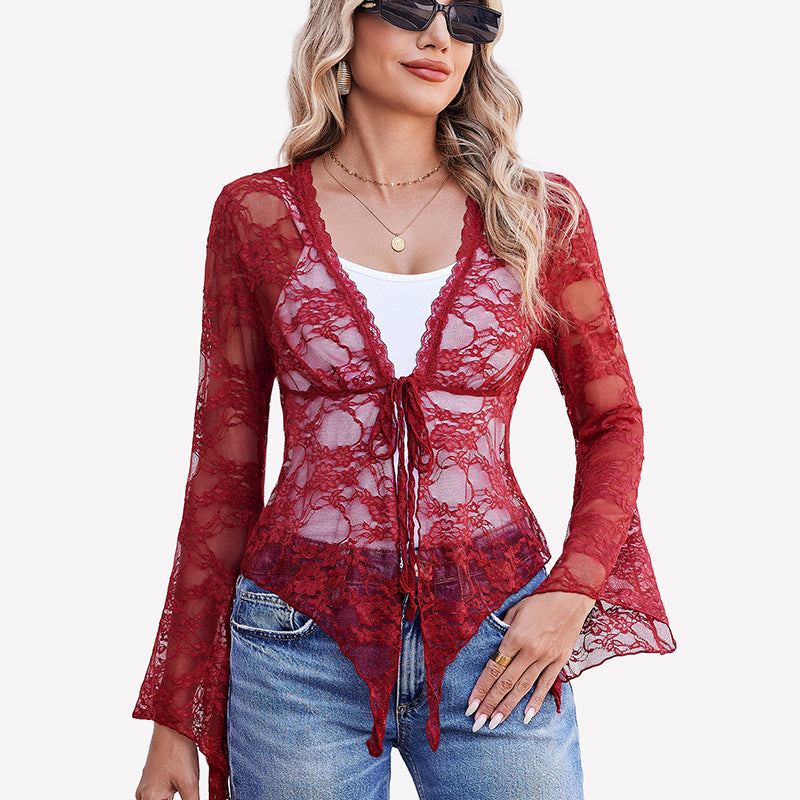 Wine red sheer lace tie-front bolero shrug with long flared bell sleeves
