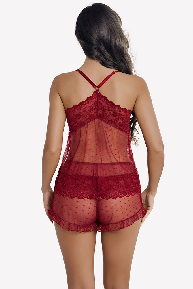 Wine-red mesh lace pajama set, open-back cami and polka-dot sheer ruffle shorts