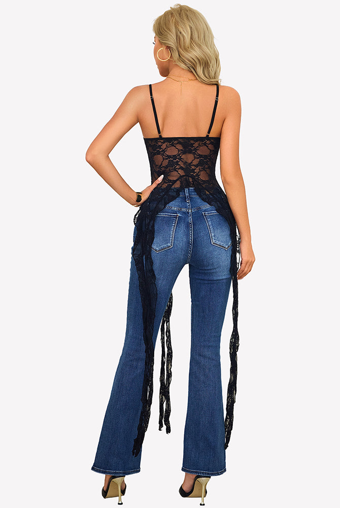 Black lace camisole top, strappy V-back with long dangling ruffle strips