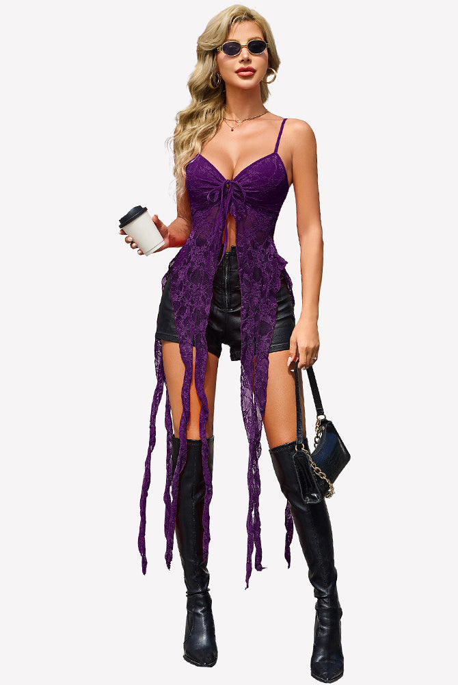Purple lace camisole top with V-neck tie-front bow and long dangling ruffle strips