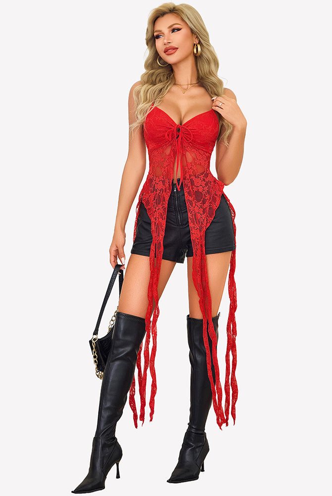 Red lace camisole top with V-neck tie-front bow and long dangling ruffle strips