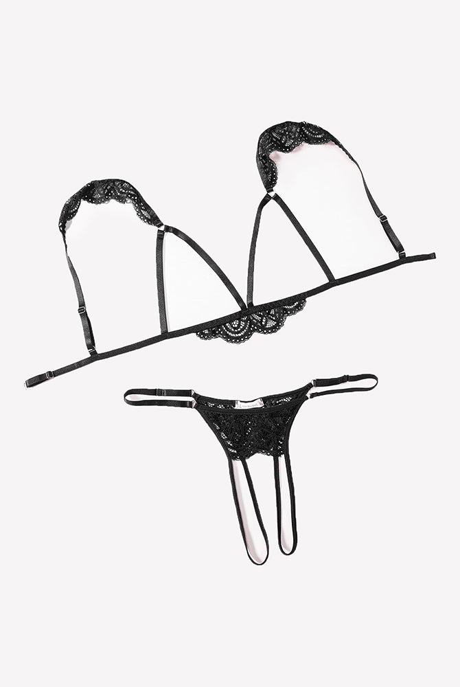 Black glitter lace cutout triangle bra and thong lingerie set with arched front band