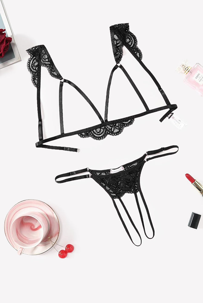 Black floral lace cutout bra and thong lingerie set, scalloped trim