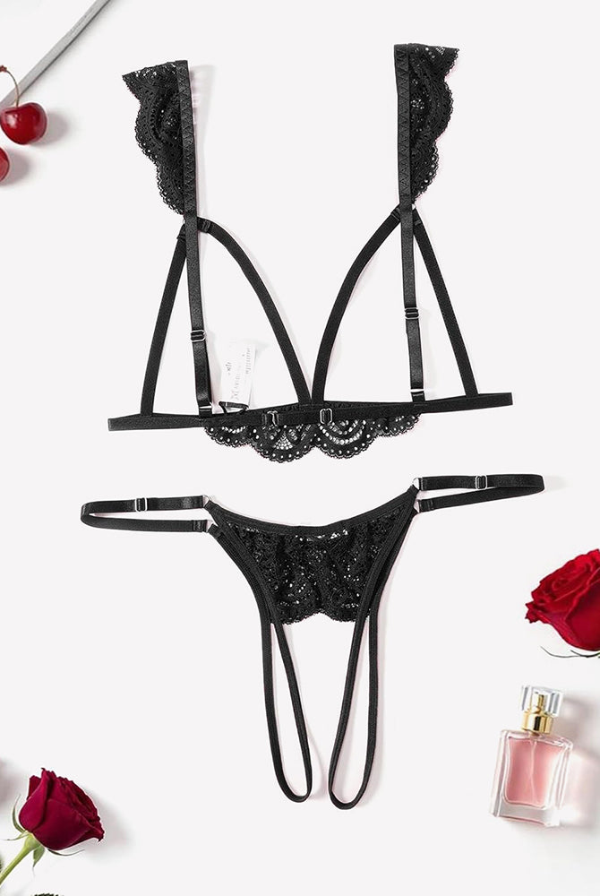 Black lace cutout bra and thong lingerie set with high-cut strappy sides