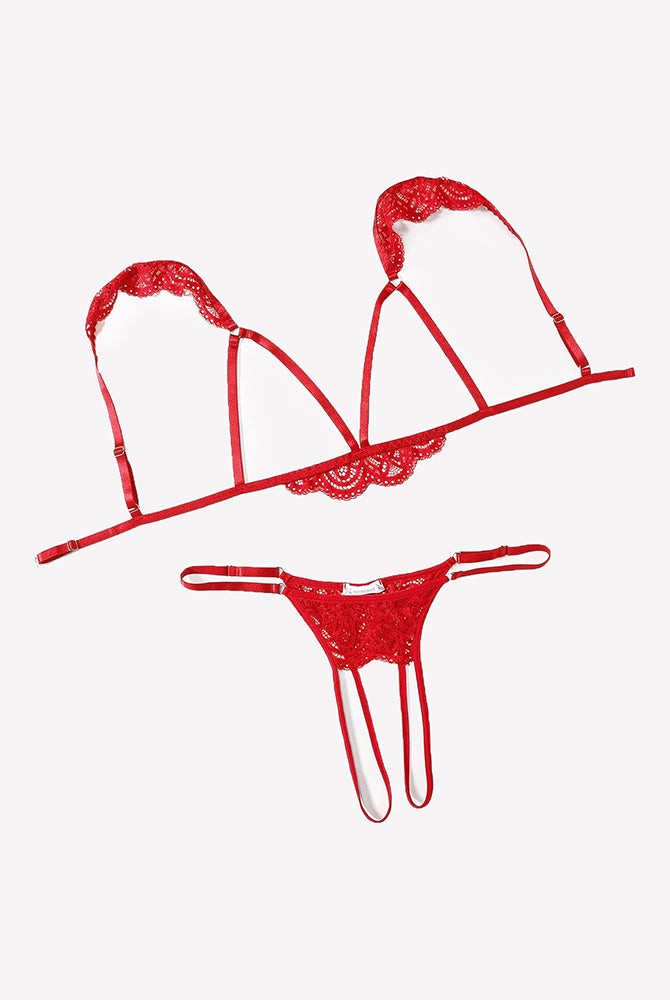 Red sparkly lace cutout triangle bra and thong lingerie set with long straps