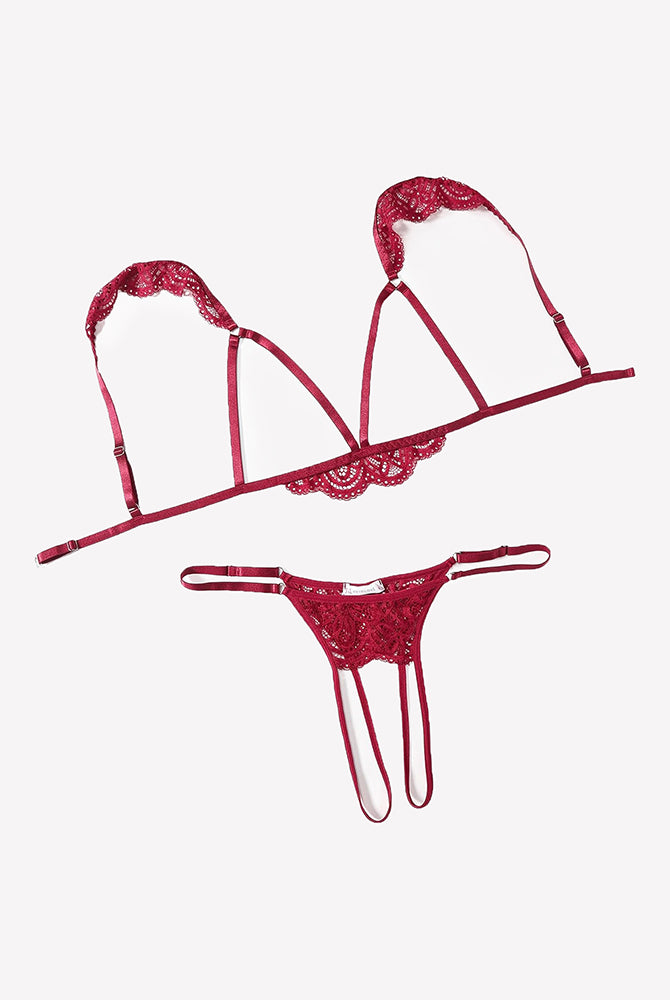 Wine red floral lace cutout bra and thong lingerie set, strappy sheer sides