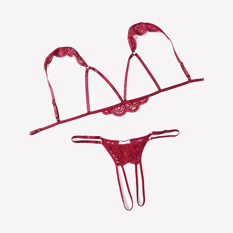 Wine red floral lace cutout bra and thong lingerie set, strappy sheer sides