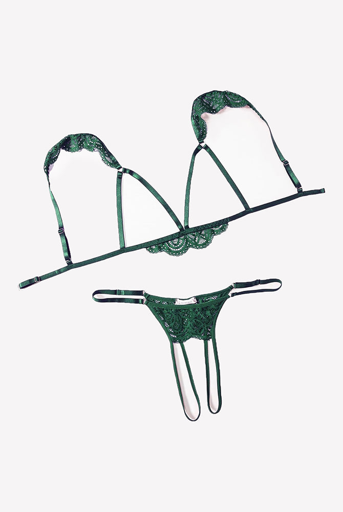 Lake green floral lace cutout bra and thong lingerie set with scalloped edging