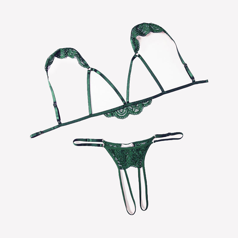 Lake green floral lace cutout bra and thong lingerie set with scalloped edging