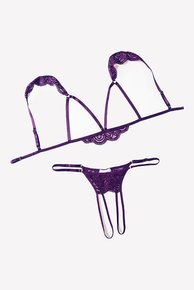Dark purple floral lace cutout triangle bra and thong lingerie set with scalloped trim