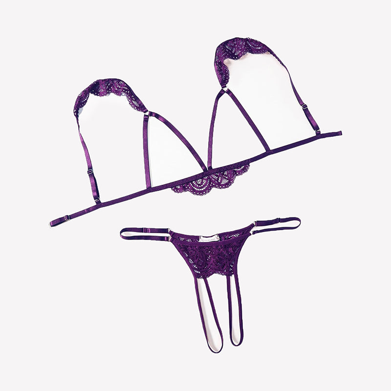 Dark purple floral lace cutout triangle bra and thong lingerie set with scalloped trim