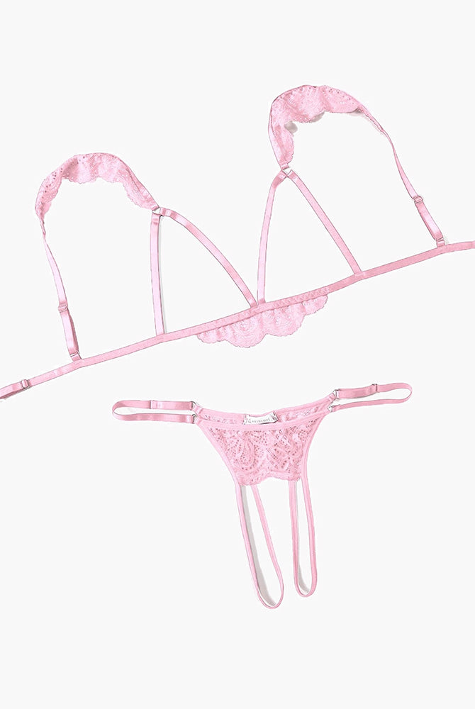 Pink floral lace cutout triangle bra and thong lingerie set with thin adjustable straps
