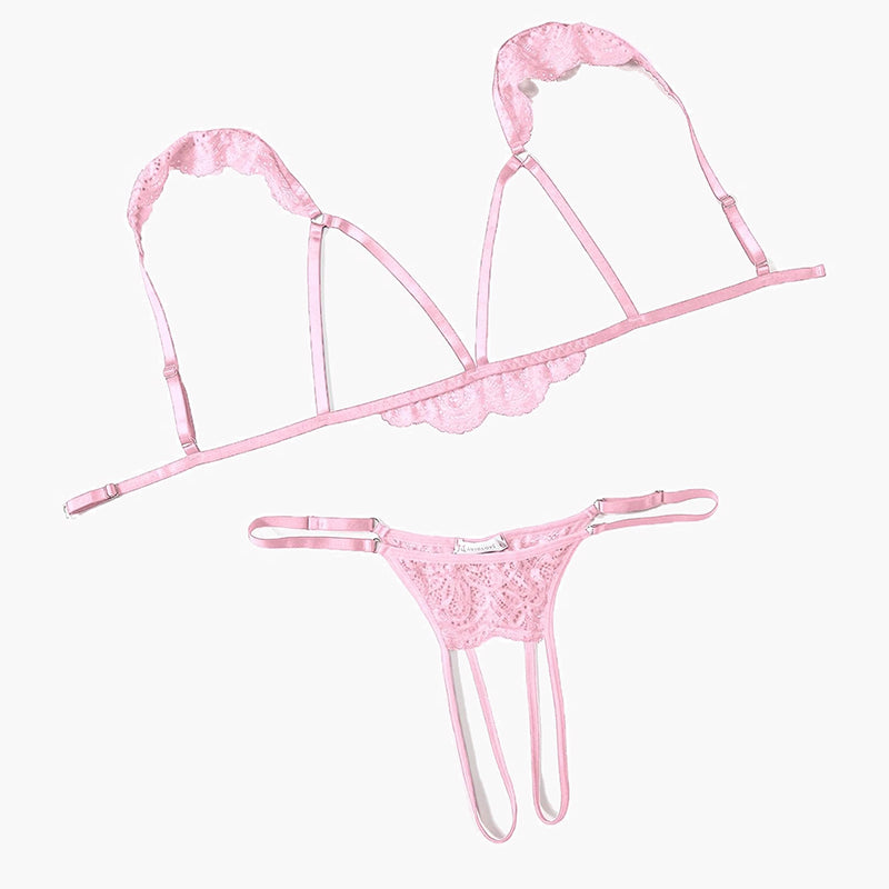 Pink floral lace cutout triangle bra and thong lingerie set with thin adjustable straps