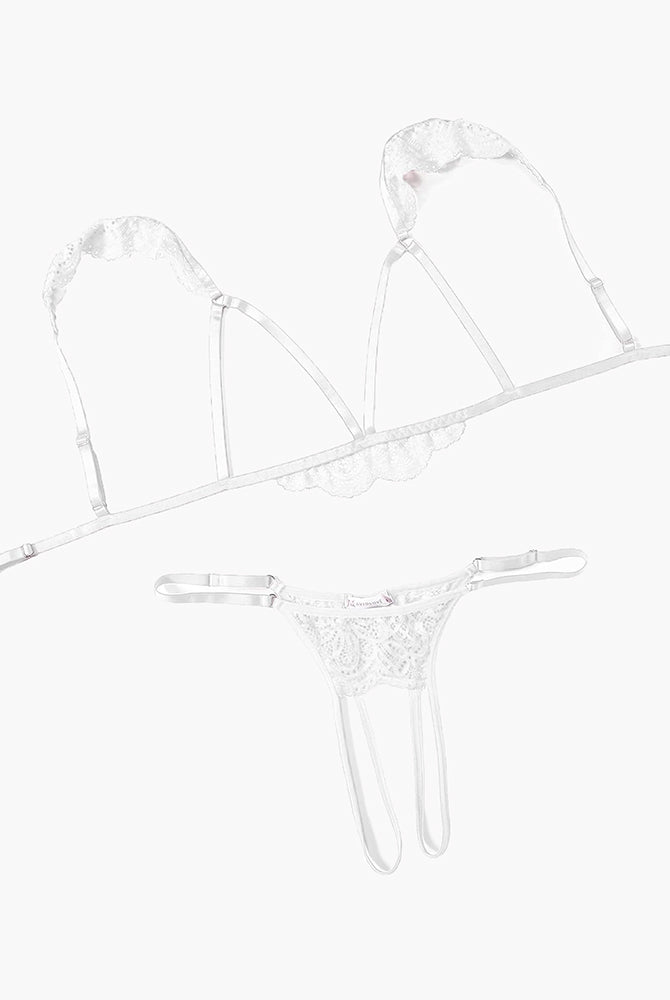 White floral lace cutout triangle bra and thong lingerie set with strappy front