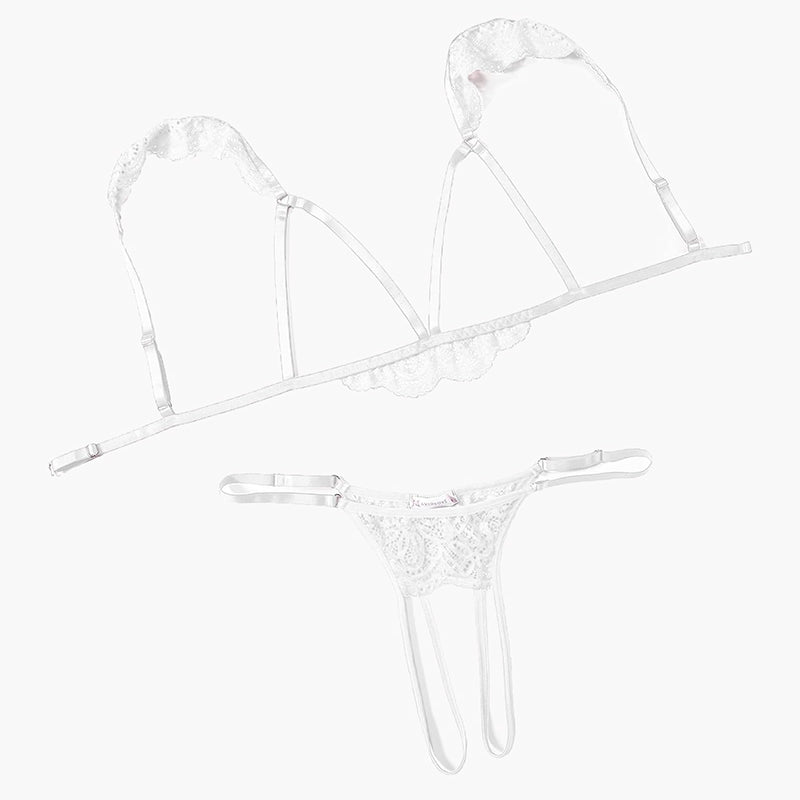 White floral lace cutout triangle bra and thong lingerie set with strappy front