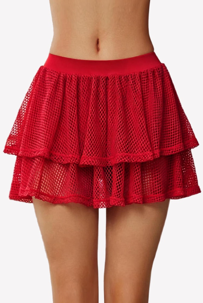 Red mesh ruffle high-waist skort with layered mini skirt and built-in shorts