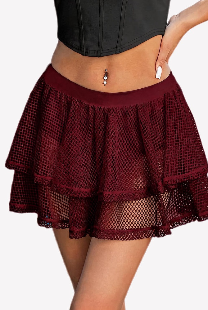 Burgundy mesh ruffle high-waist skort with layered mini skirt and built-in shorts