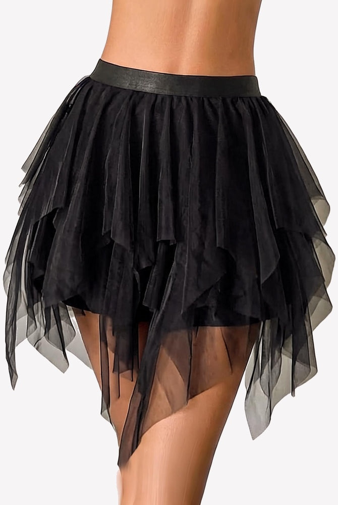 Black layered tulle mini skirt with tiered mesh ruffles and lining