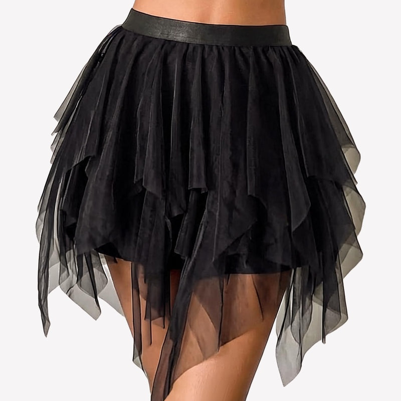 Black layered tulle mini skirt with tiered mesh ruffles and lining