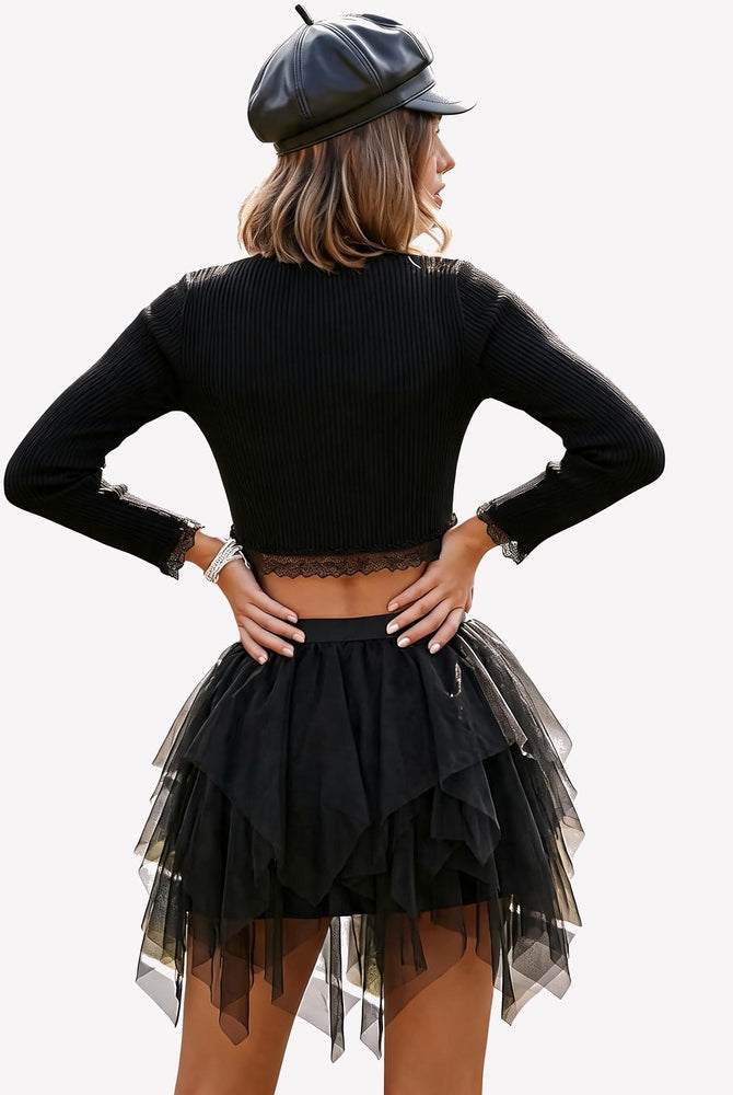 Black layered tulle mini skirt with tiered mesh ruffles, shown from the back