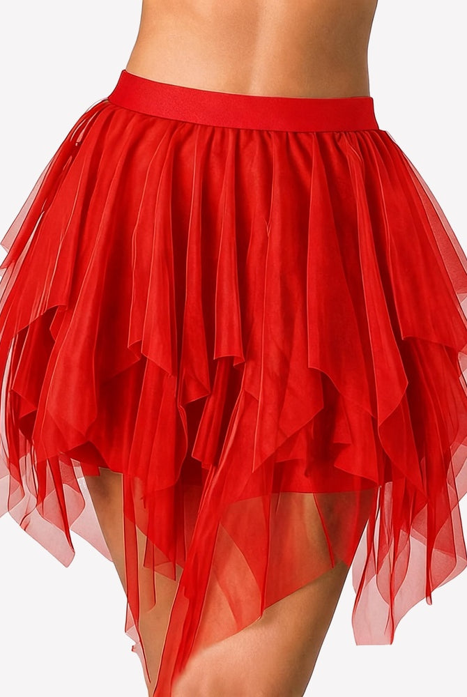 Red layered tulle mini skirt with tiered mesh ruffles and asymmetrical hem