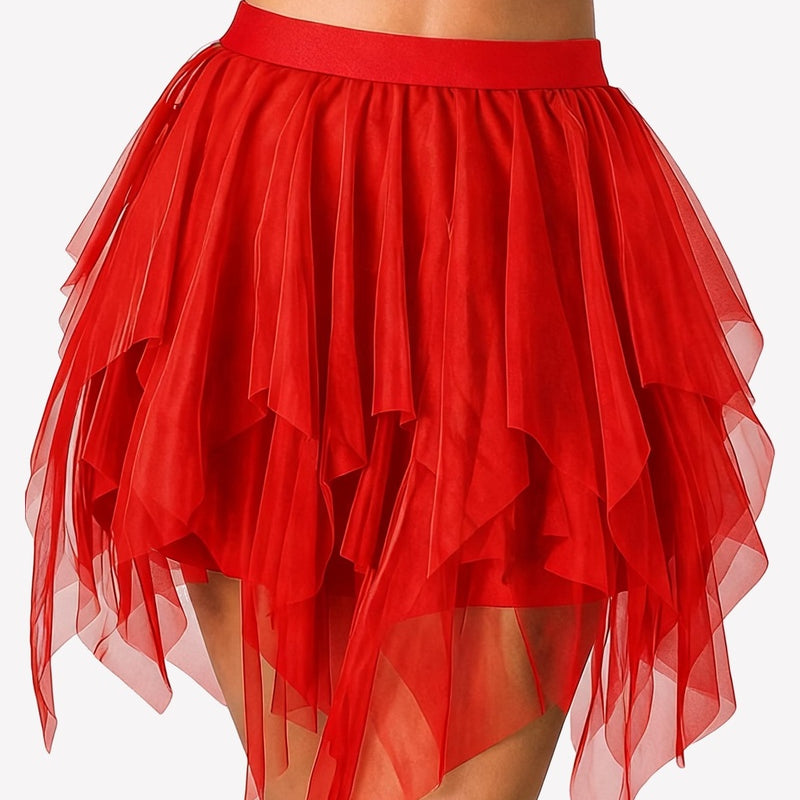 Red layered tulle mini skirt with tiered mesh ruffles and asymmetrical hem